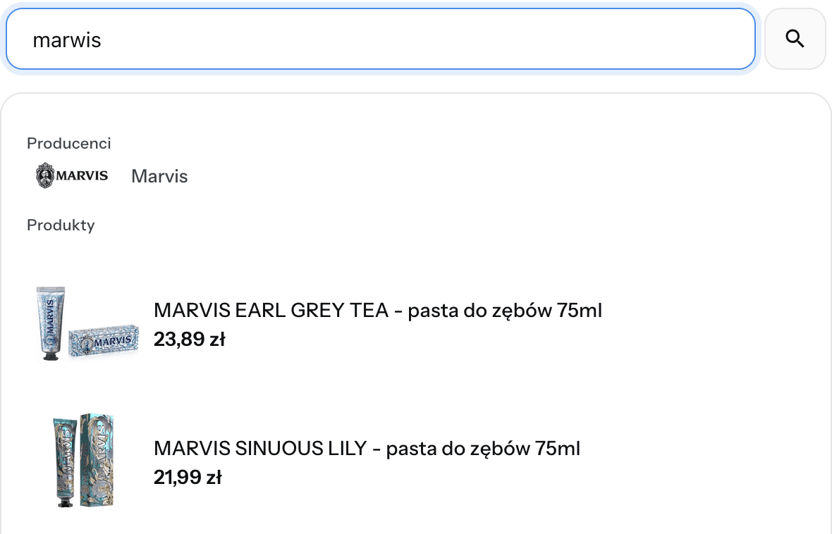 Wyniki wyszukiwania dla frazy marwis z poprawnie dopasowaną marką Marvis.