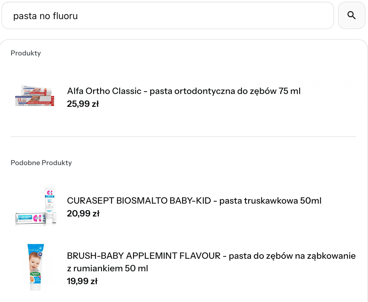 Wyniki wyszukiwania dla frazy pasta no fluoru z trafnymi pastami bez fluoru na górze listy.