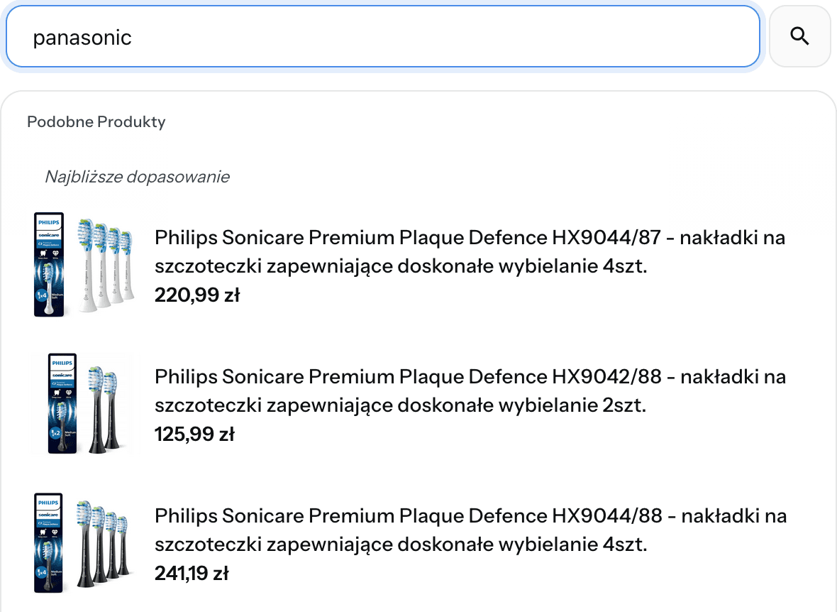 Wyniki wyszukiwania dla frazy panasonic z produktami Philips Sonicare jako alternatywą.