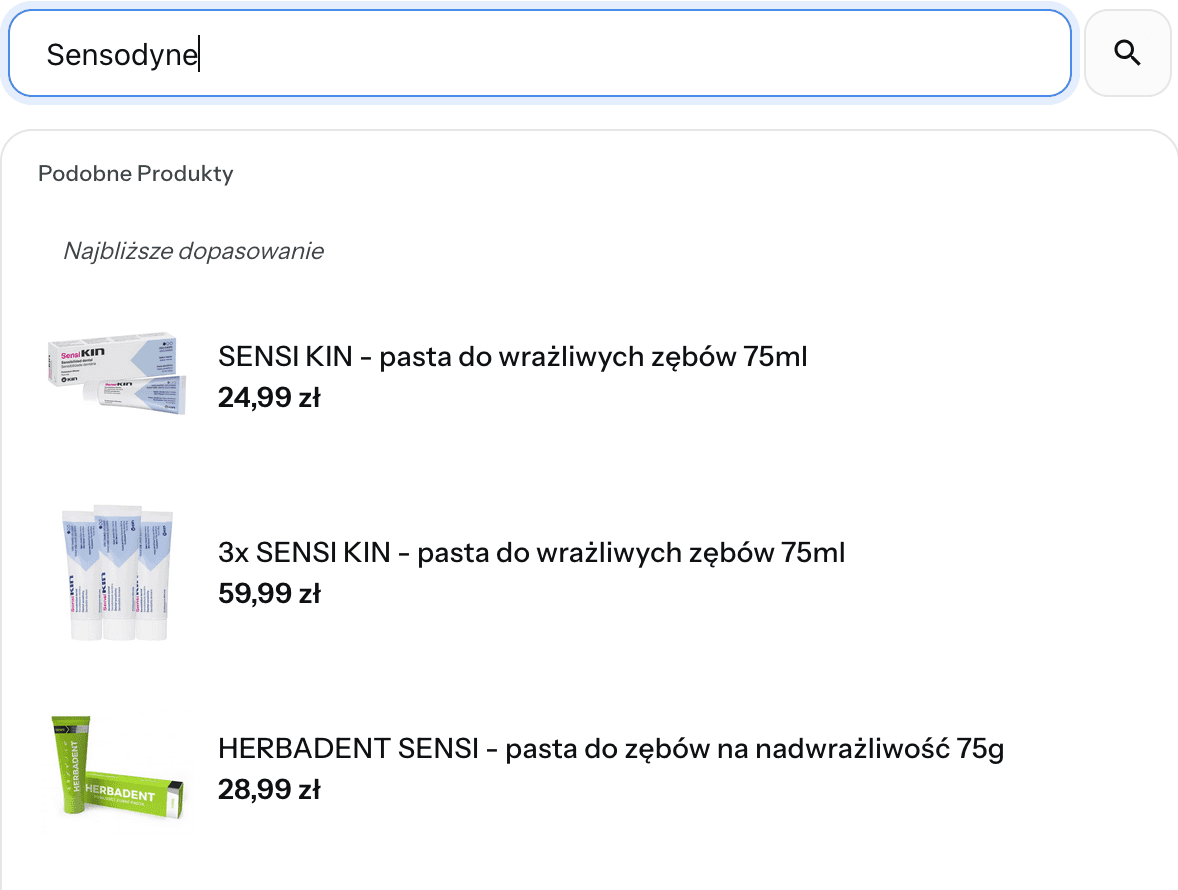 Wyniki wyszukiwania dla frazy Sensodyne z propozycjami podobnych past na nadwrażliwość.