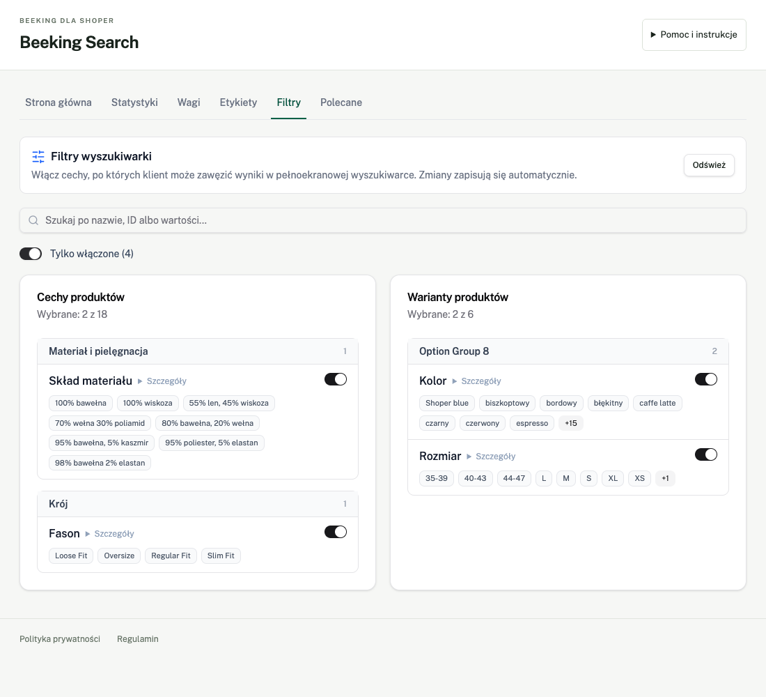 Actual Beeking Search panel — Filters (Polish interface)