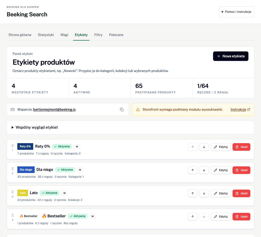 Actual Beeking Search panel — Labels (Polish interface)