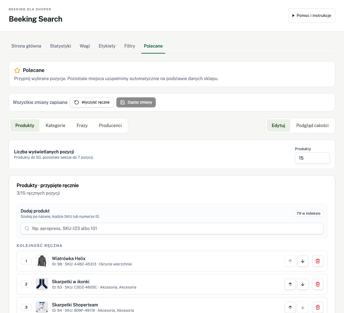 Actual Beeking Search panel — Recommendations (Polish interface)