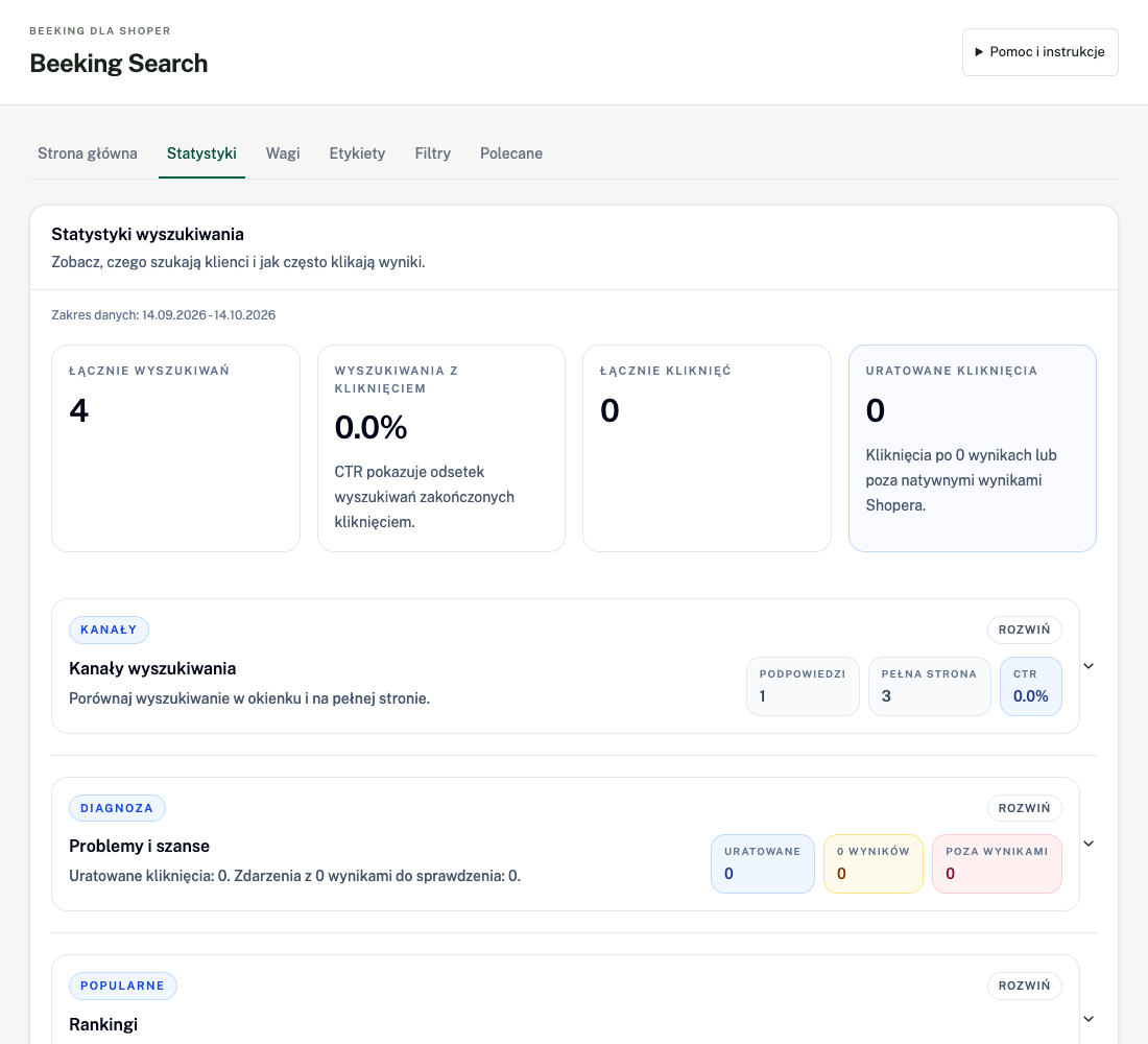 Actual Beeking Search panel — Statistics (Polish interface)