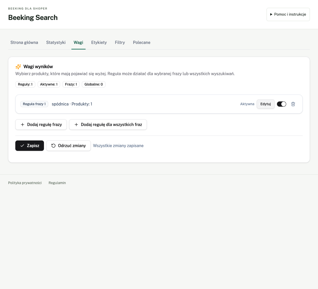 Actual Beeking Search panel — Weights (Polish interface)